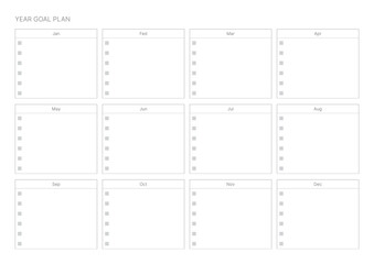 A year goal plan template with a simple and minimal style. Note, scheduler, diary, calendar planner document template illustration.