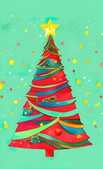 Digital watercolor painting - christmas tree with christmas celebration decorations, balls, star, lights and illumination. Art print. Holiday eve background design.