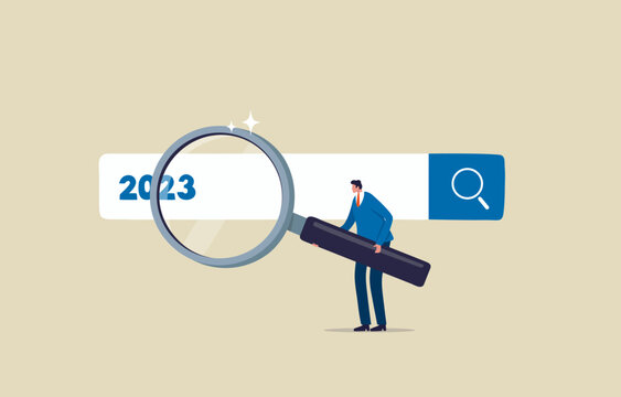 Find new inspiration in 2023. New Year resolution. Business opportunities or career challenges. Man holding magnifying glass for search box. illustration