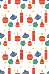 Greeting card with candles and Christmas tree decorations in a modern minimalist style. Template for invitations, congratulations, web, social networks, print. Illustration.Pattern.