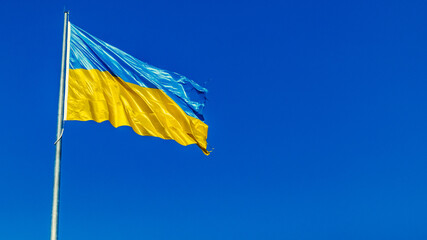 Ukrainian yellow blue flag flutters waving in the wind. National symbol of Ukraine in sky. Freedom concept.
