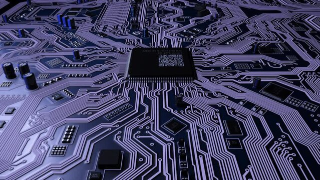Visualization of electronic technologies.  The processor chip on the printed mainboard sends pulses of digital data using a microprocessor. Lines move data. The camera moves around the chip. Loop.