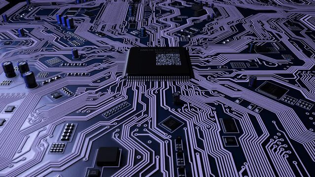 The processor chip on the printed mainboard sends pulses of digital data using a microprocessor. Lines move data. The camera moves around the chip. Visualization of electronic technologies. Loop. 