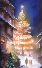 Digital watercolor painting - christmas tree with christmas celebration decorations, balls, star, lights and illumination. Art print. Holiday eve background design.