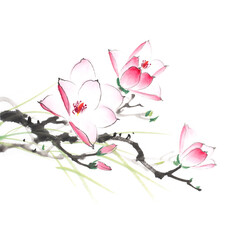 Chinese painting of blossoming magnolia tree