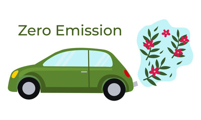 Green car with flowers, zero emission concept, zero net, flat vector illustration