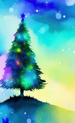 Fototapeta na wymiar Digital watercolor painting - christmas tree with christmas celebration decorations, balls, star, lights and illumination. Art print. Holiday eve background design.