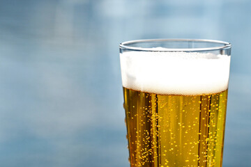 Glass of beer with foamy head. No people. Copy space.