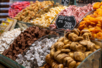 Traditional Turkish dessert baklawa in different flavors and styles in the Egyptian bazaar in...