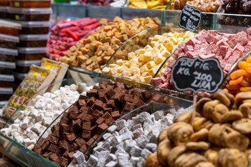 Traditional Turkish delight On Counter In Istanbul Grand Bazaar. Dessert shop at grand bazar baklava ramadan