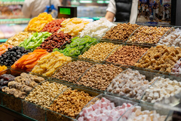 Traditional Turkish delight On Counter In Istanbul Grand Bazaar. Dessert shop at grand bazar...