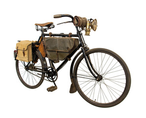 An old bicycle with luggage, isolated on white background