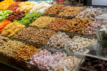 Traditional Turkish delight On Counter In Istanbul Grand Bazaar. Dessert shop at grand bazar baklava ramadan