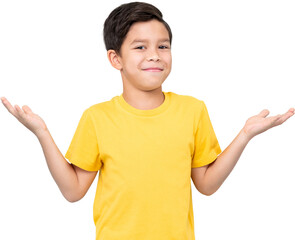 Cute bewildered mixed race boy in yellow t shirt looking at camera with smile and shrugging...