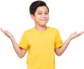 Cute bewildered mixed race boy in yellow t shirt looking at camera with smile and shrugging shoulders, PNG file no background