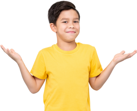 Cute bewildered mixed race boy in yellow t shirt looking at camera with smile and shrugging shoulders, PNG file no background
