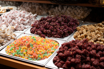 Traditional Turkish delight On Counter In Istanbul Grand Bazaar. Dessert shop at grand bazar baklava ramadan