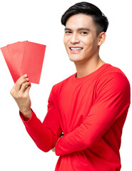 Smiling handsome Asian man holding red envelopes or Ang Pow for Chinese new year concepts, PNG file
