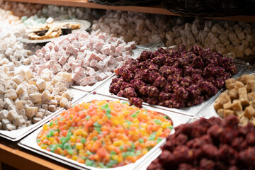 Traditional Turkish delight On Counter In Istanbul Grand Bazaar. Dessert shop at grand bazar baklava ramadan