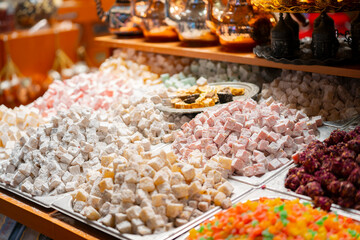 Traditional Turkish delight On Counter In Istanbul Grand Bazaar. Dessert shop at grand bazar...