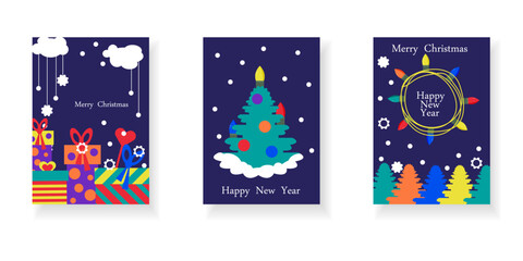 Colorful Christmas and New Year greeting card set. Colorful Christmas tree, garland, gift boxes and snowflakes on dark blue background.