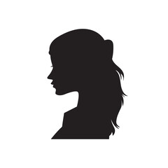 Woman head vector silhouette, side view. vignette. Hand drawn vector illustration, isolated on white background. Design for salon hair style logo.