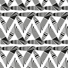 Seamless black and white geometric pattern. Striped abstract triangles shapes with visual distortion effect. Monochrome background for textile, cover, wallpaper, gift packaging, printing