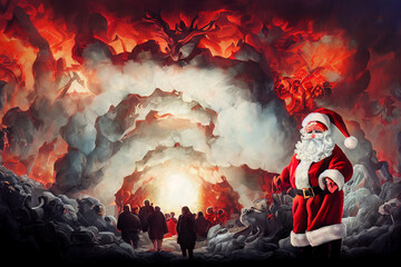 Christmas in hell, santa claus is lucifer himself at the gates of fire, scary, horror style,  - obrazy, fototapety, plakaty