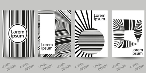 Black and white minimal geometric background from various striped shapes. Trendy template for design cover, poster, flyer. Layout set for sales, presentations.
