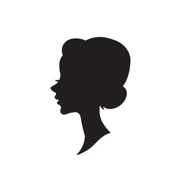 Woman head vector silhouette, side view. vignette. Hand drawn vector illustration, isolated on white background. Design for salon hair style logo.