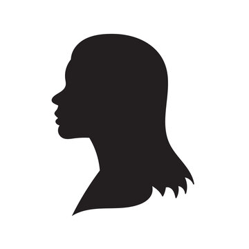 Woman head vector silhouette, side view. vignette. Hand drawn vector illustration, isolated on white background. Design for salon hair style logo.