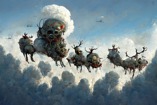 Reindeers in the sky above the clouds in a weird horror style with red lights and surrealistic morphes batches of them