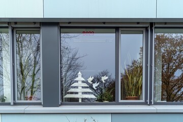windows of a building with christmas tree
