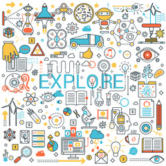 Fototapeta na wymiar Explore and discover the world. Thinking outside the box, research and development vector illustration on white background