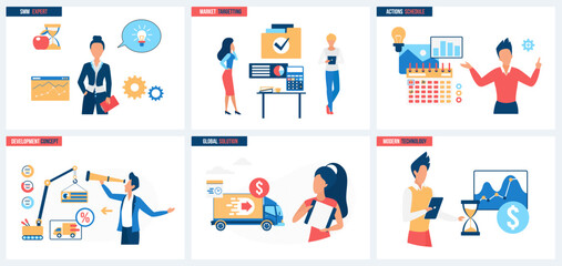 Market targeting and SMM expert services, development and planning with modern technology set vector illustration. Cartoon tiny people work with schedule of events and tasks, global solutions