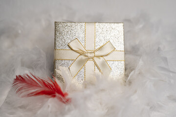 petite boire cadeau dorée dans des plumes blanches et rouges