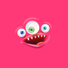 Vector funny pink monster face with open mouth with fangs and eyes isolated on pink background. Halloween cute and funky monster design template for poster, banner and tee print
