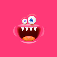 Vector funny pink monster face with open mouth with fangs and eyes isolated on pink background. Halloween cute and funky monster design template for poster, banner and tee print
