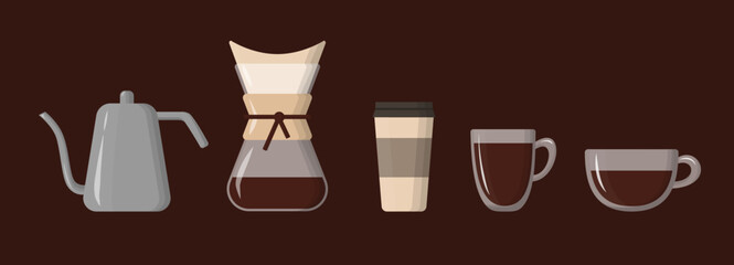 Set of coffee elements. Filter coffee brewing by pour over