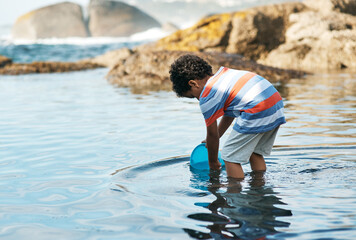 I wonder what ill catch today. Shot of a young boy playing in the water at the beach using a bucket to catch things.