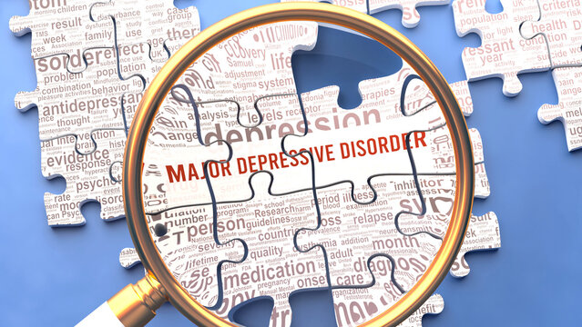Major depressive disorder as a complex topic under close inspection. Complexity shown as puzzle pieces with dozens of ideas and concepts correlated to Major depressive disorder,3d illustration