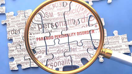 Paranoid personality disorder as a complex and complicated topic. Complexity shown as connected elements with dozens of ideas and concepts correlated to it.,3d illustration - obrazy, fototapety, plakaty