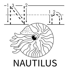 Cute Sea Animal Alphabet Series. N is for Nautilus. Vector cartoon character design illustration.