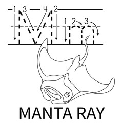 Cute Sea Animal Alphabet Series. M is for Manta ray. Vector cartoon character design illustration.