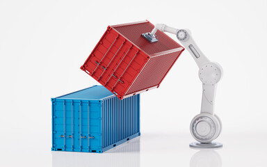 Mechanical arm and industry container, 3d rendering.