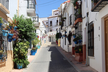 Picturesque street decorated with pots in Estepona (Malaga)