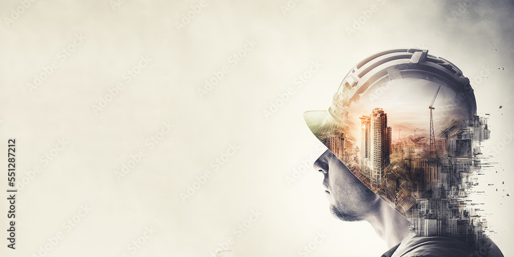 Poster future building construction engineering project devotion with double exposure graphic design. build