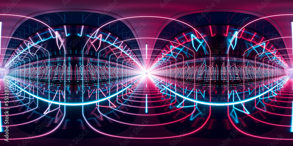 Poster dark tunnel with glowing light illuminated, 3d rendering. 360-degree seamless panoramic view.