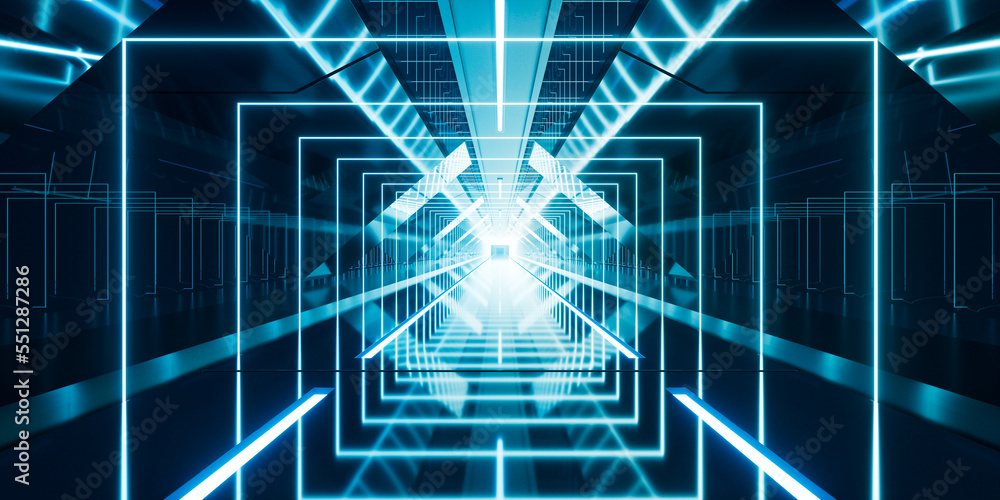 Poster dark tunnel with glowing light illuminated, 3d rendering.