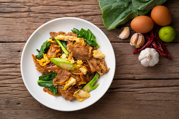Stir-fried Rice Noodles with Soy Sauce and Pork,Pad See Ew.Top view